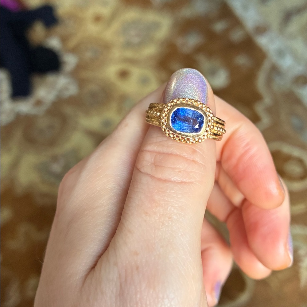 18k Solid Granulated Gold Ring With Cornflower Bl… - image 1